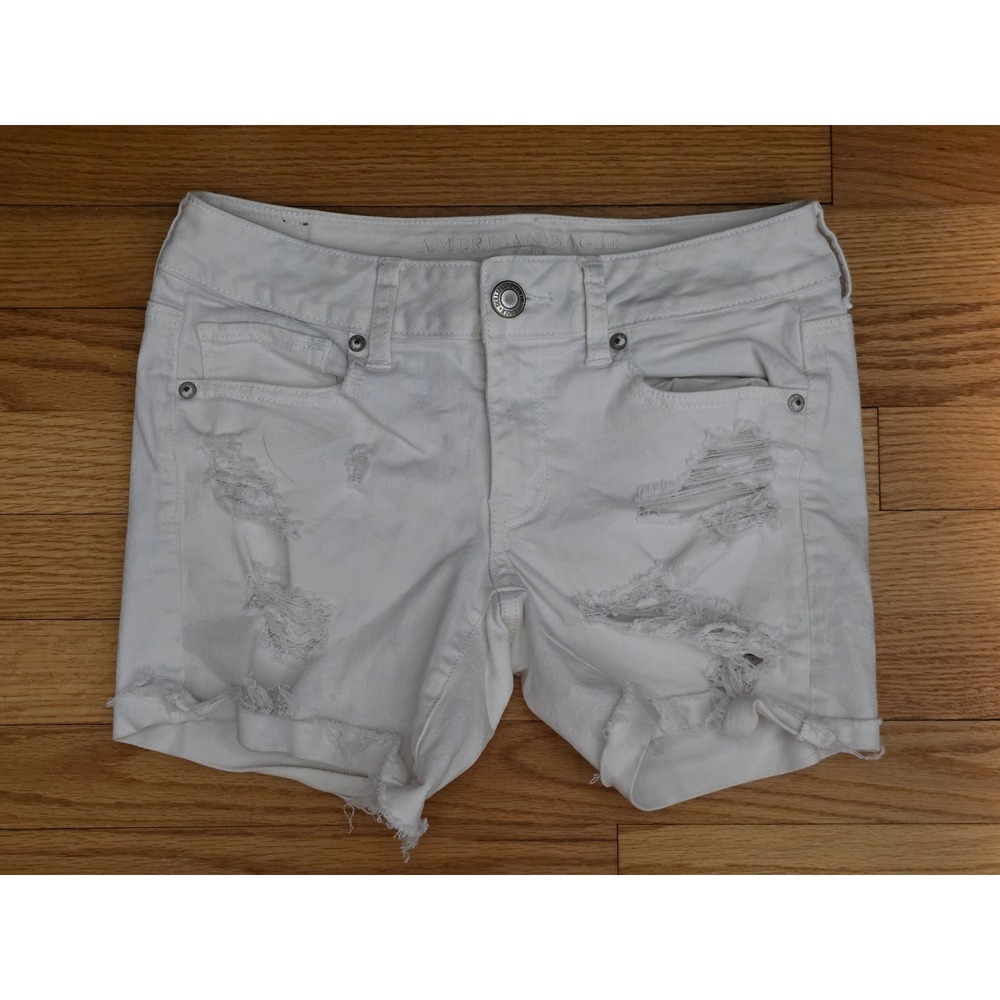 American Eagle Outfitters White Distressed Midi Denim Shorts Womens Size 4